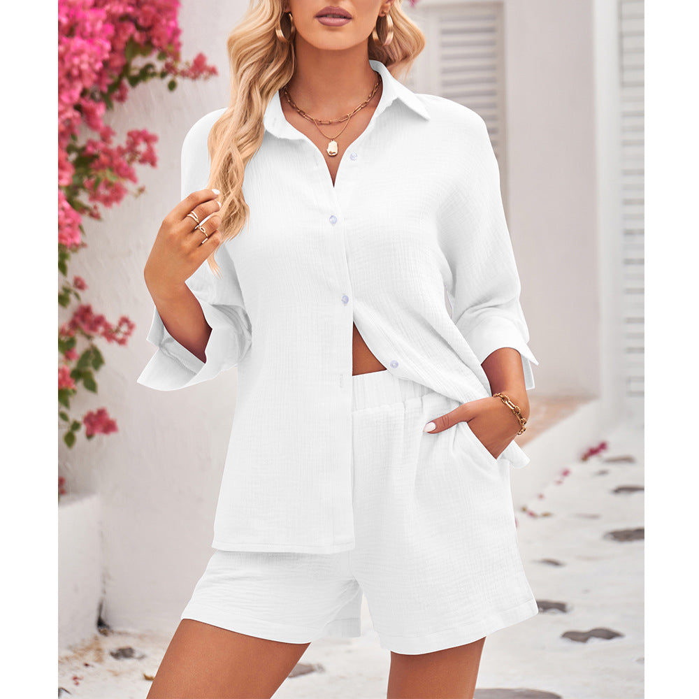 Women's Seven-quarter-sleeved Shirt Short Cotton Two-piece Set
