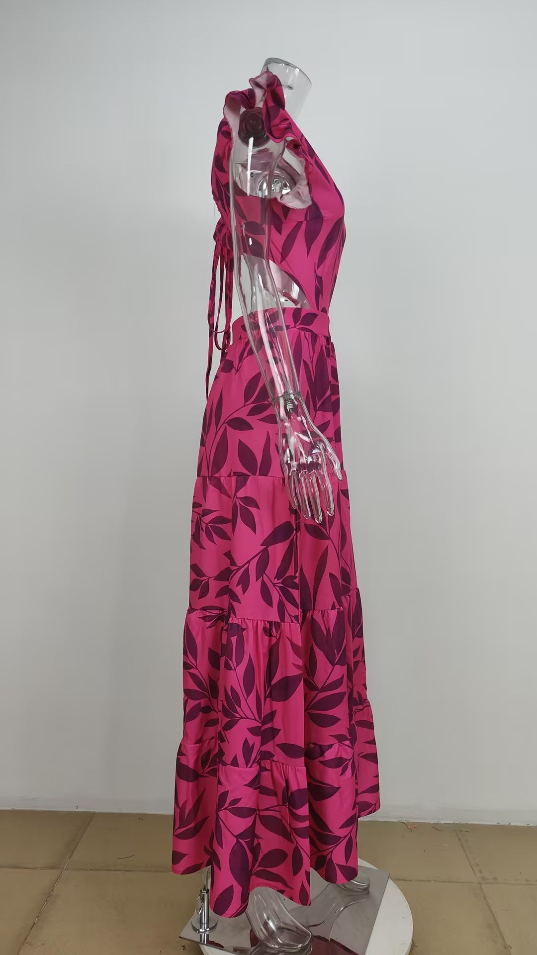 Womens Lotus Leaf Sleeve Print Long Dress