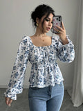 Women Square Collar Bubble Floral Long Sleeve Blouse