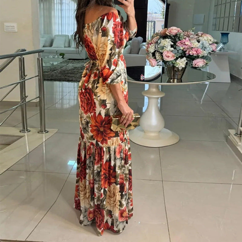 Women V-Neck Printed Lace-Up Dress Long Dress