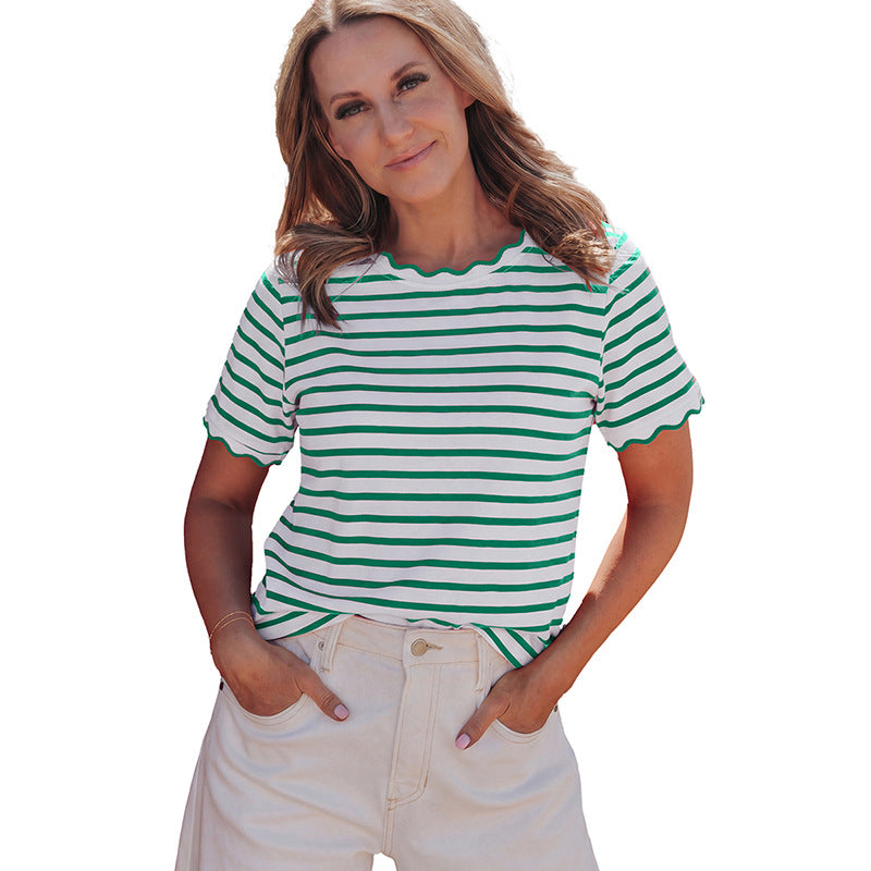 Womens Short Sleeve Top Ruffle Striped T-Shirt