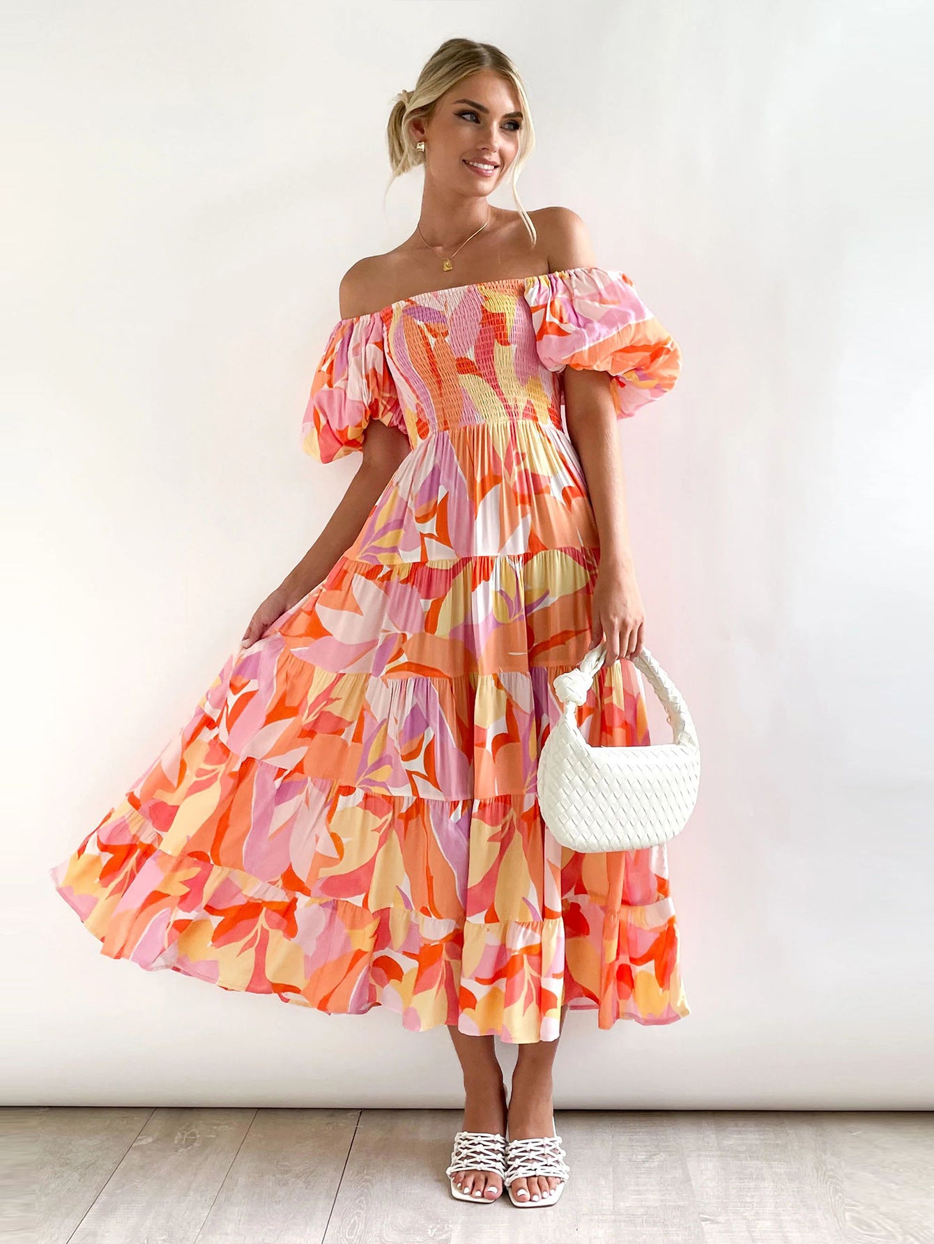 Offshoulder Printed Bubble Sleeve Dress for Women