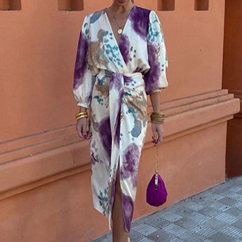 Women Sexy Elegant V-neck Print Slim Casual Dress