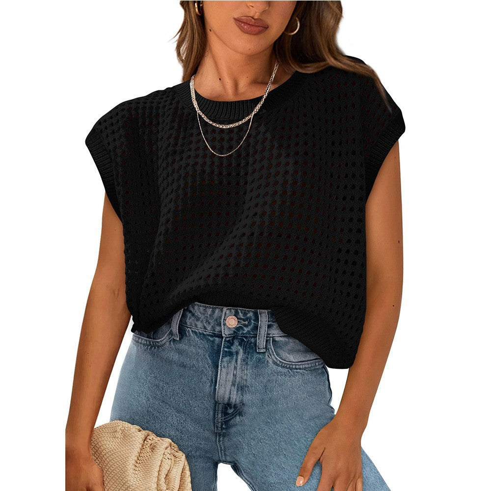 Women's Crew Neck Hollow-Out Sunscreen Knitted Sweater Blouse