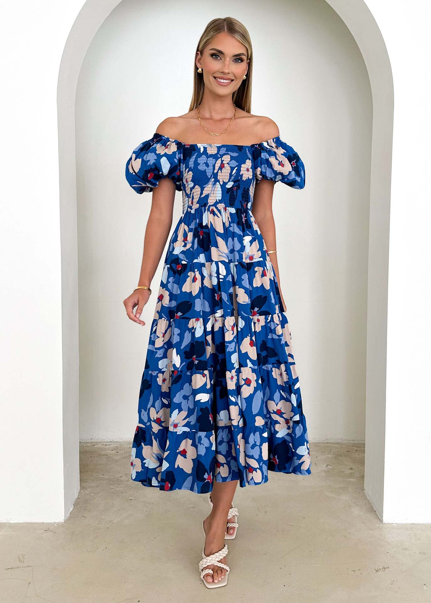 Women Bubble Sleeve Holiday Skinny Long Dress High Waist Shoulder Print Dress