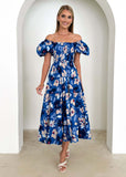 Women Bubble Sleeve Holiday Skinny Long Dress High Waist Shoulder Print Dress