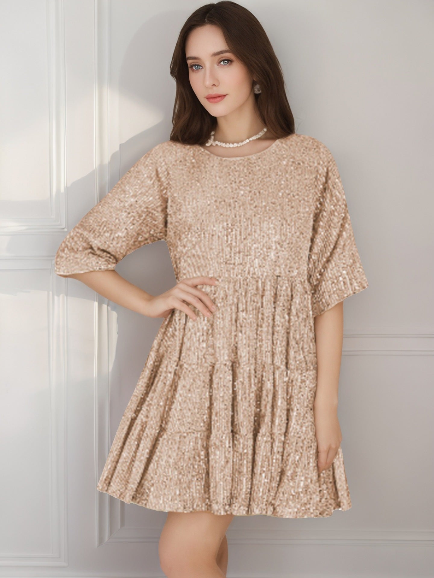 Crew Neck Loose Short Sleeve Dress Sequin Dress