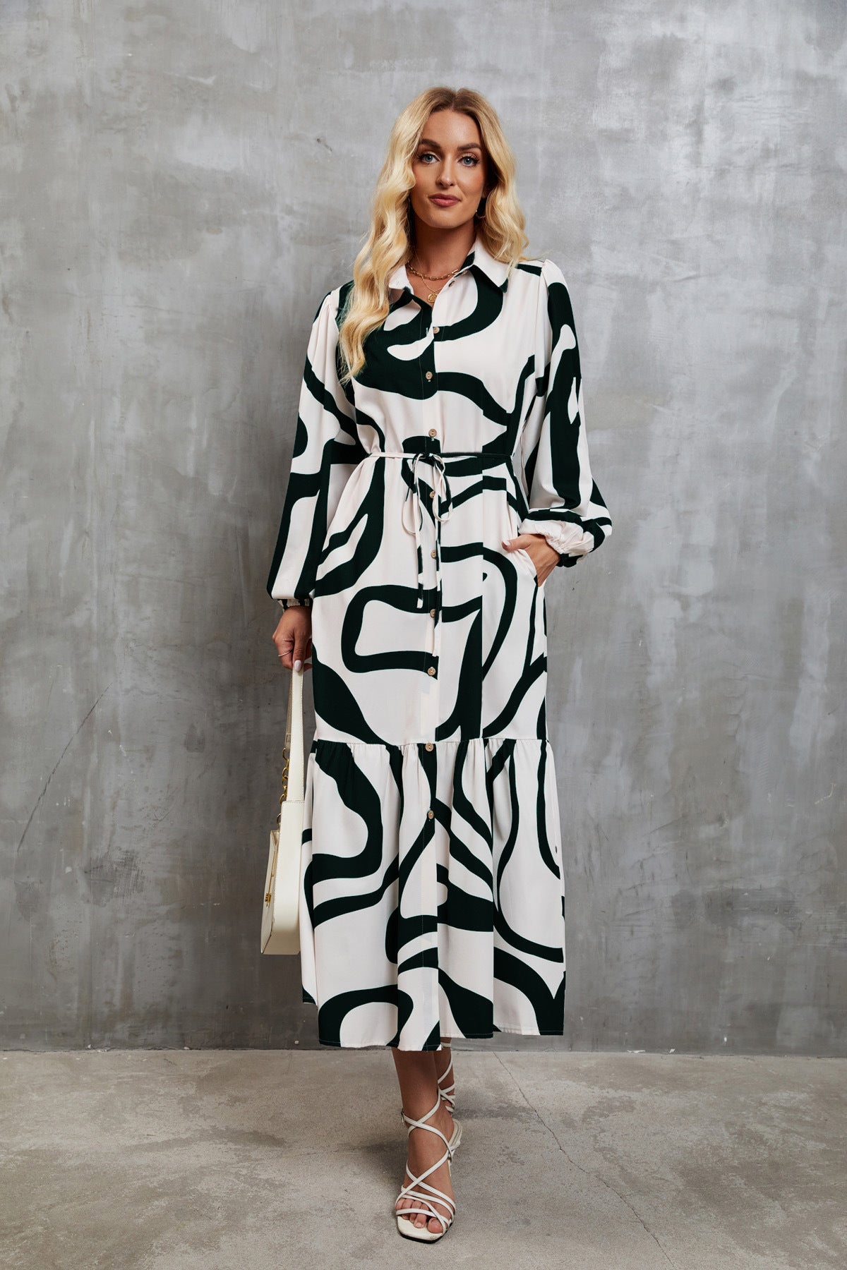 Womens Loose Single-Breasted Long Sleeve Long Dress