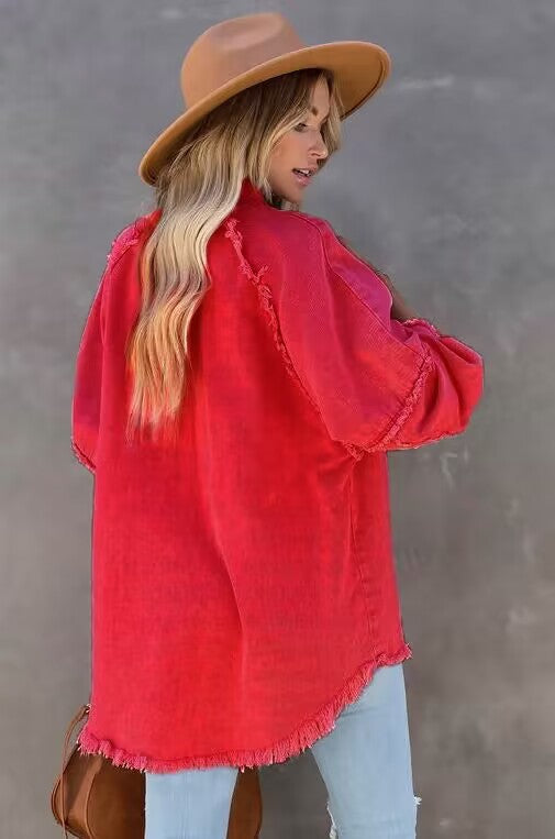 Womens Casual Fringed Ripped Loose Denim Jacket