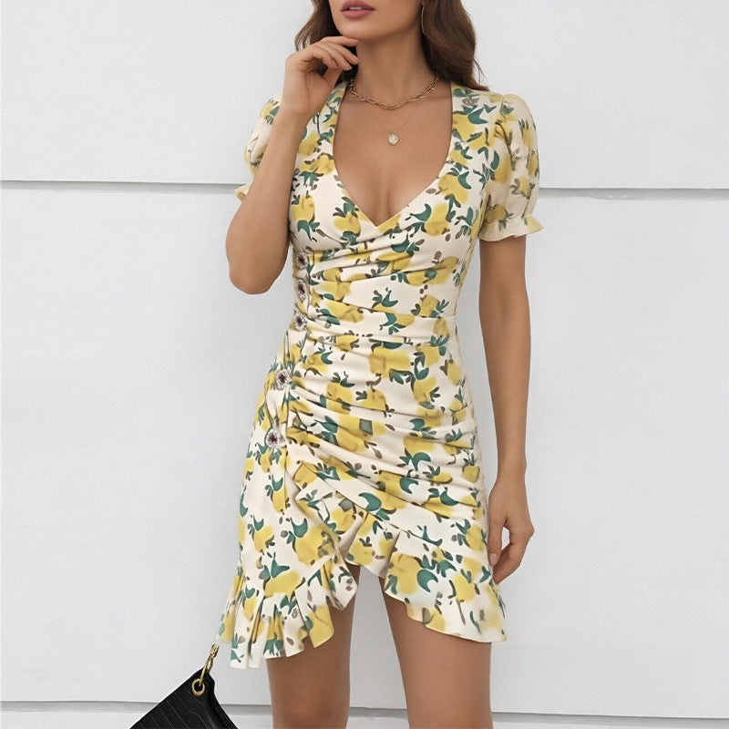 Women's Elegant Floral Ruffle Trim Dress
