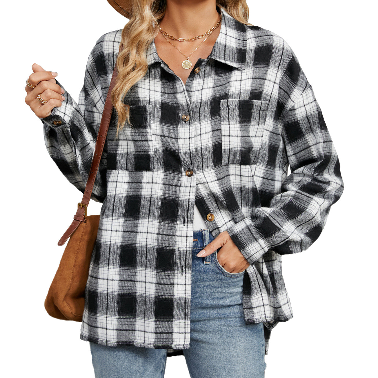 Lapel Long Sleeve Pocket Button Plaid Shirt Top Women