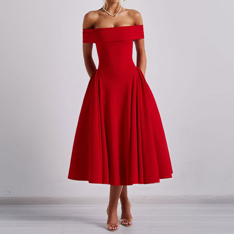 Women Casual Elegant Solid Color Off-Shoulder Dress Long Dress