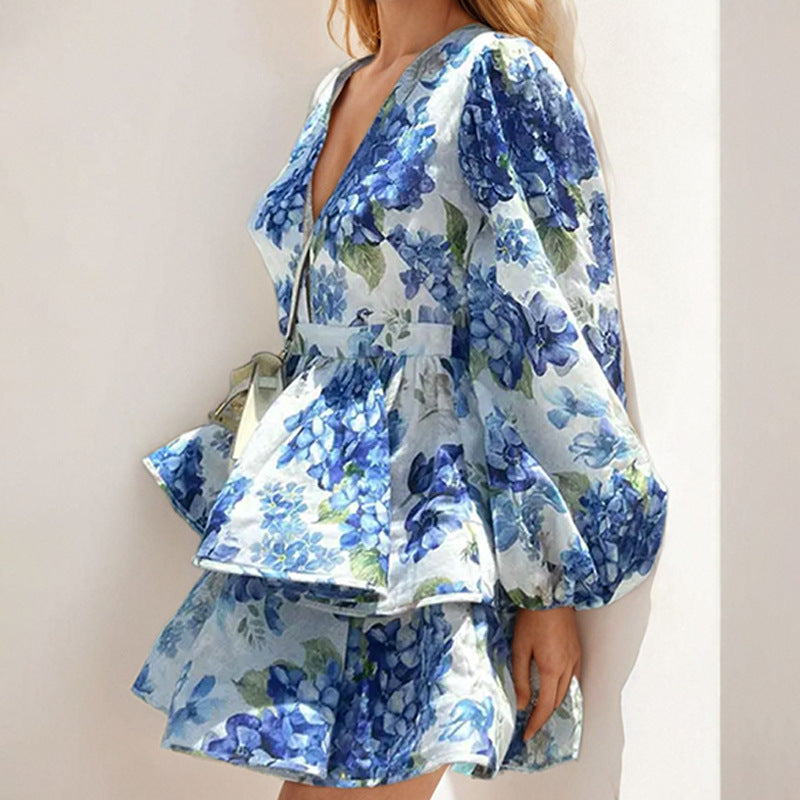 Women's Stylish Elegant V-Neck Bubble Sleeve Ruffle Dress