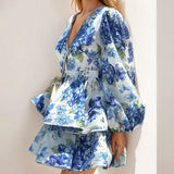 Women's Stylish Elegant V-Neck Bubble Sleeve Ruffle Dress