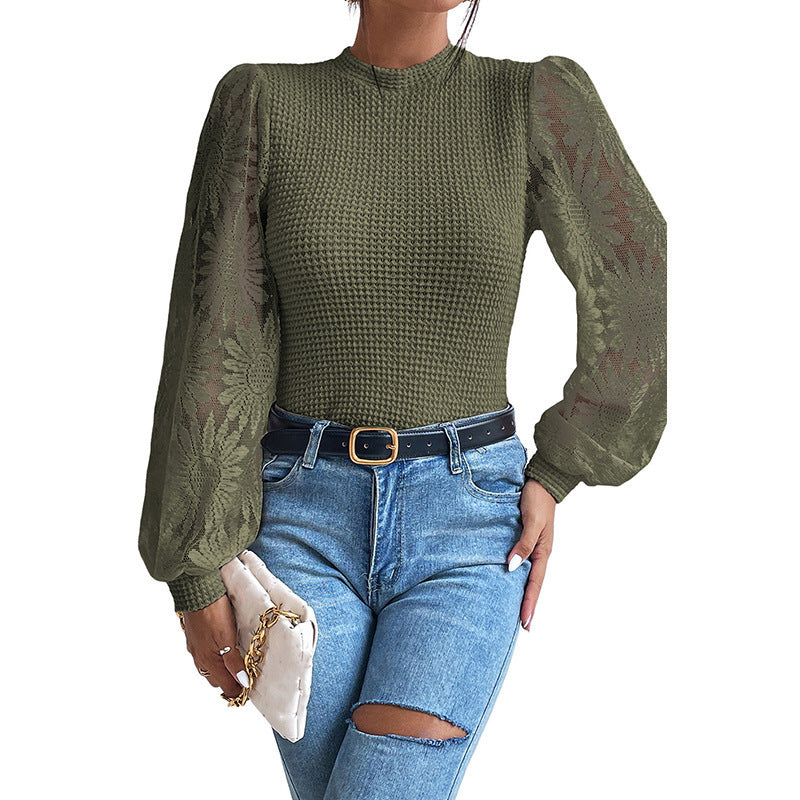 Womens Casual Crochet Top Mesh Lace Long Sleeve Shirts