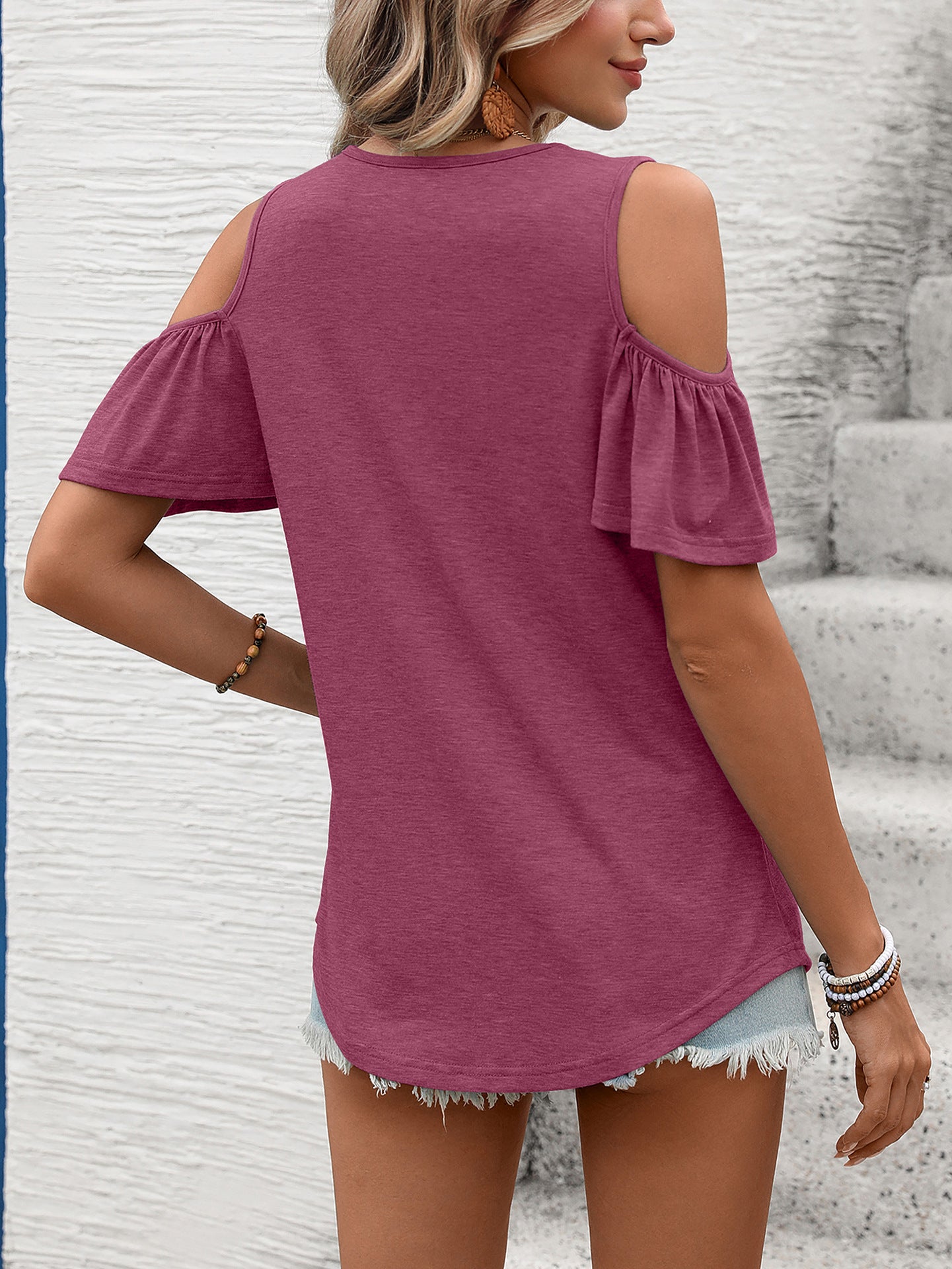 Women Solid Color V-Neck Off-Shoulder Short Sleeve T-Shirt Top
