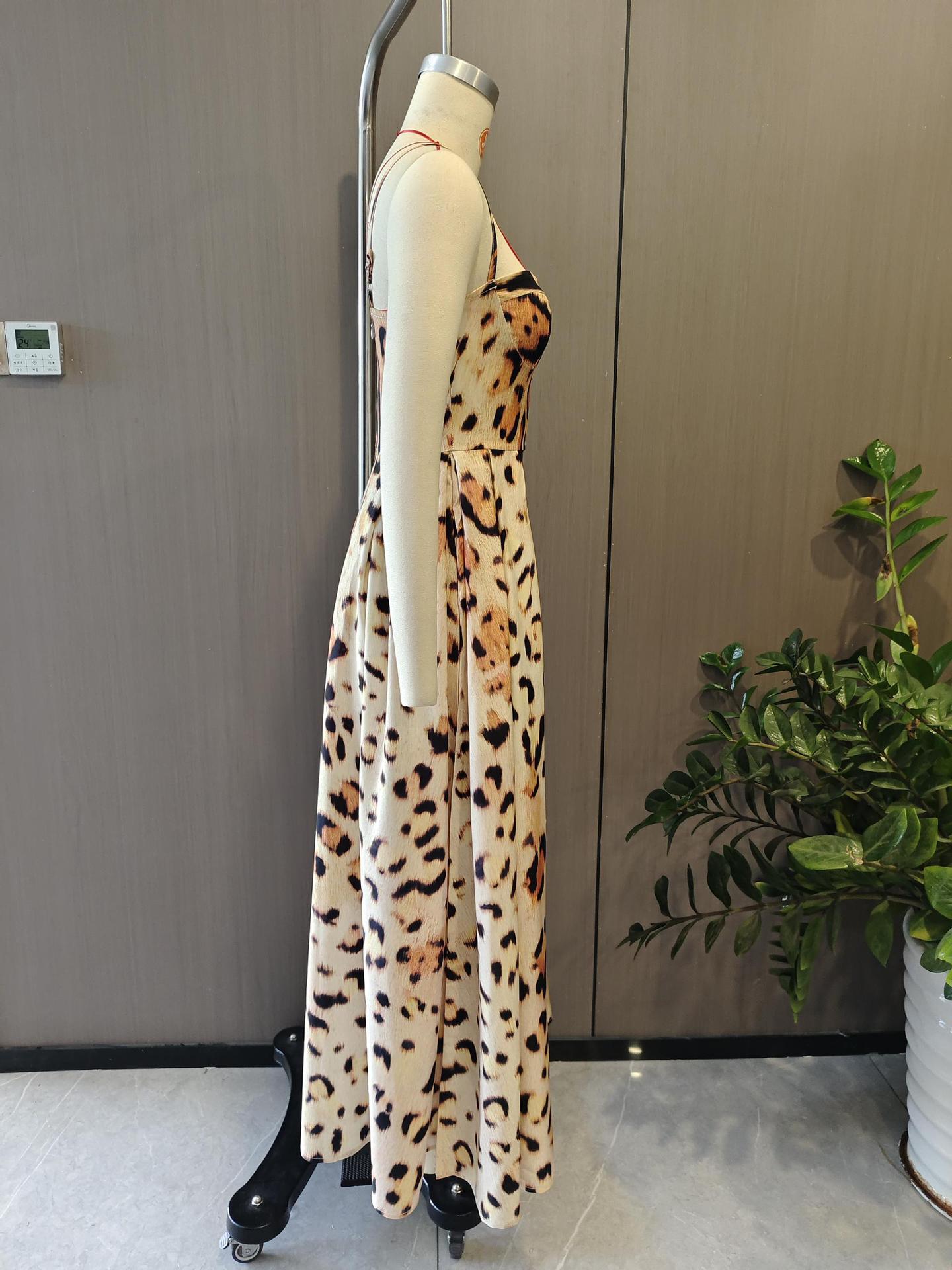 Women Sexy Leopard Print Suspender Waist A Line Dress