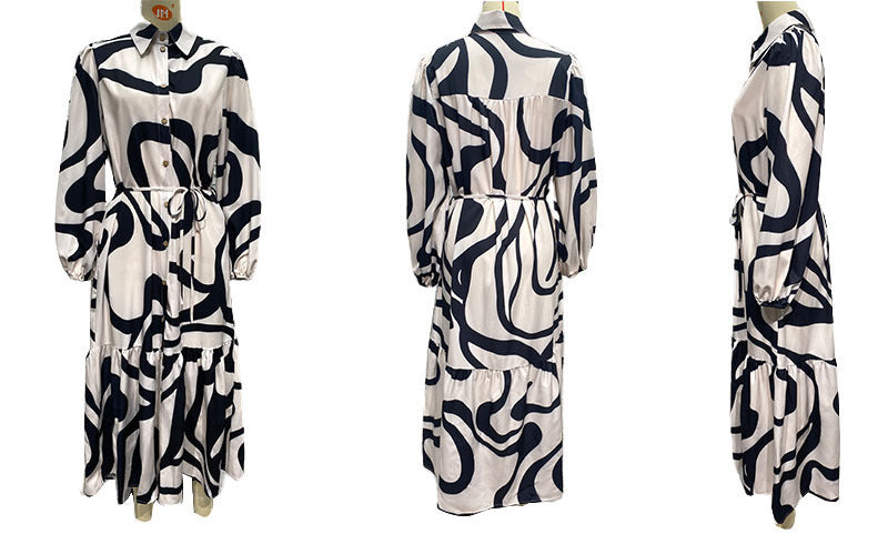 Womens Loose Single-Breasted Long Sleeve Long Dress Dress