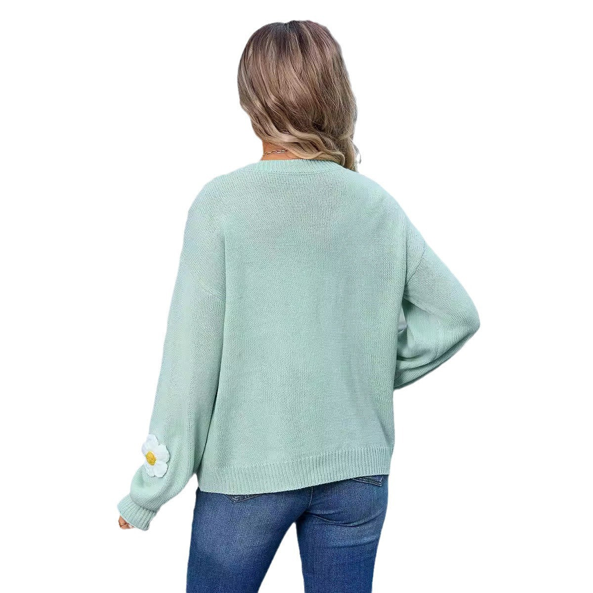 Women's Pullover Flower Sweater Crew Neck Long Sleeves