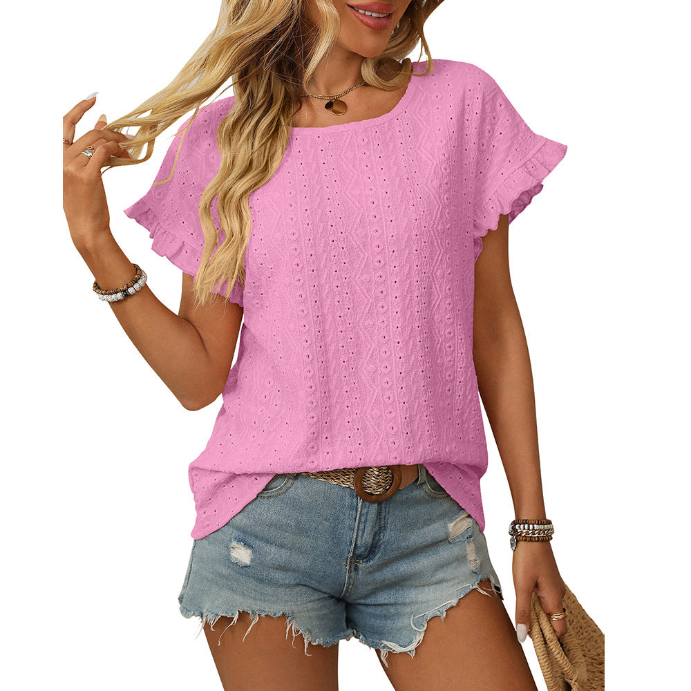 Solid Color Crew Neck Sweet Short-sleeved T-shirt Hollow Top
