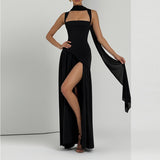 Women's Summer Elegant Slim Fit Solid Color Waist Split Dress