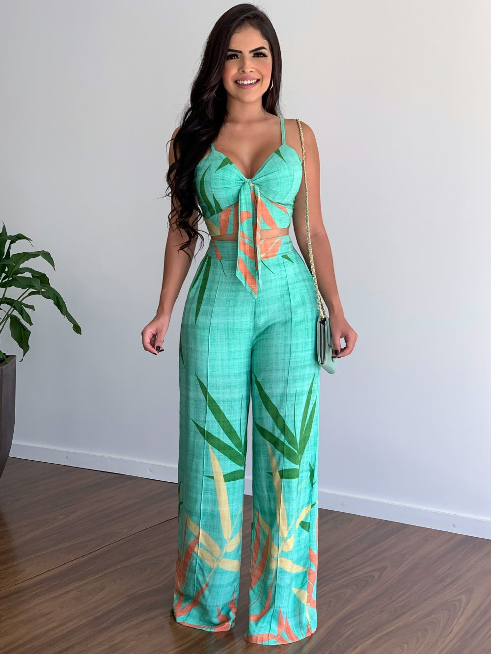 Sexy V-Neck Printed Tank Top Wide Leg Pants Set