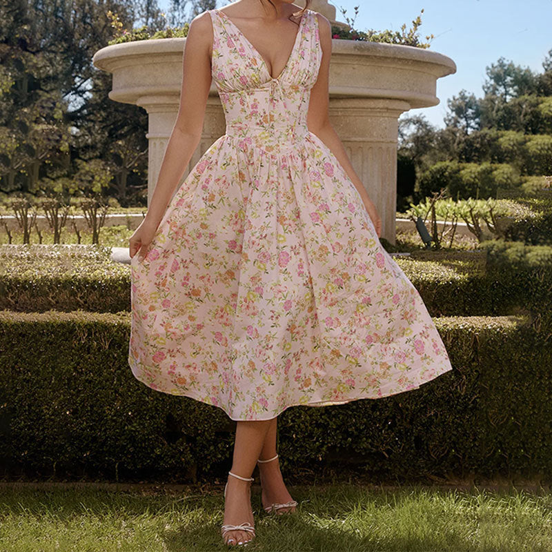 Fashion Backless Print Suspender Dress Long Dress