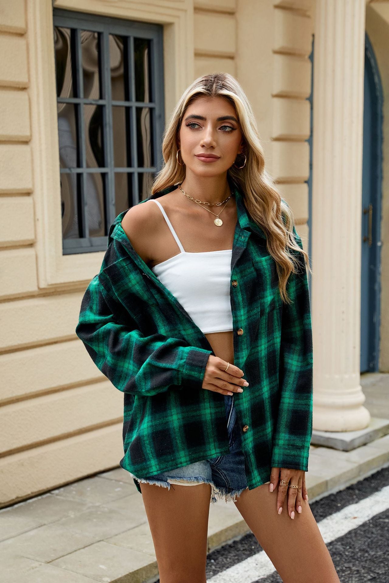Lapel Long Sleeve Pocket Button Plaid Shirt Top Women