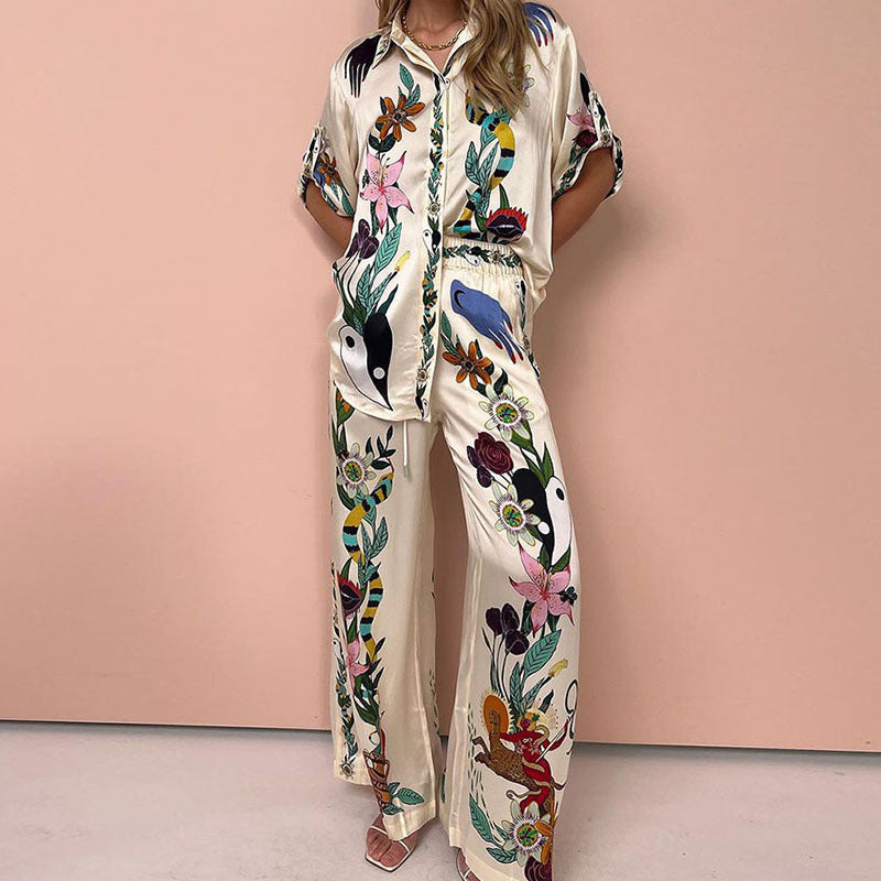 Women's Printed Button Blouse Pants Set
