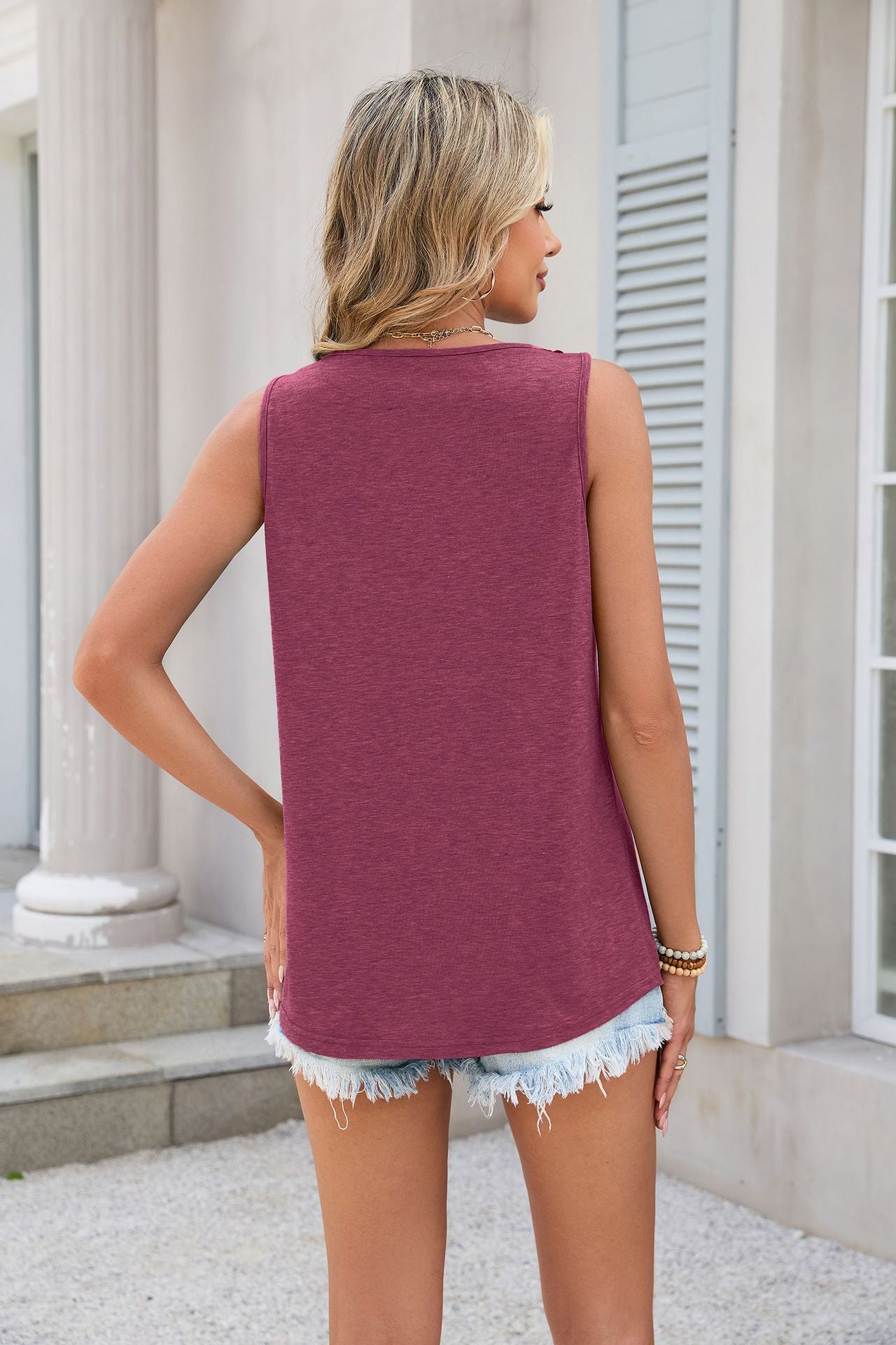 Women Solid Color V-Neck Lace Loose Sleeveless Vest T-Shirt Top