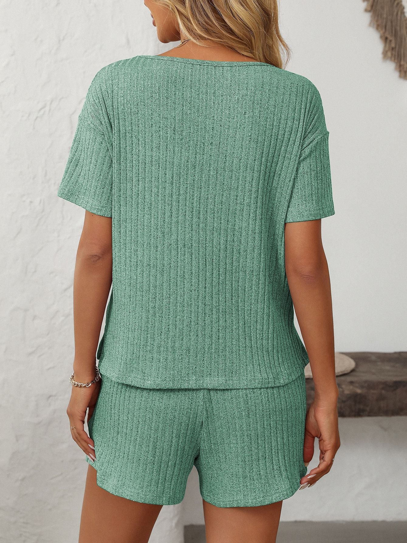 Solid Color Pit Strip Pajamas Short-sleeved Loungewear Set