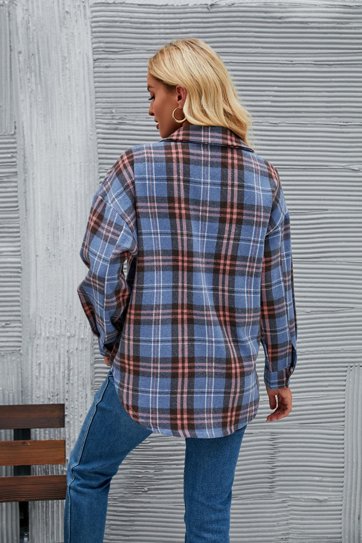 Women Casual Fashion Single-breasted Plaid Loose Wool Jacket