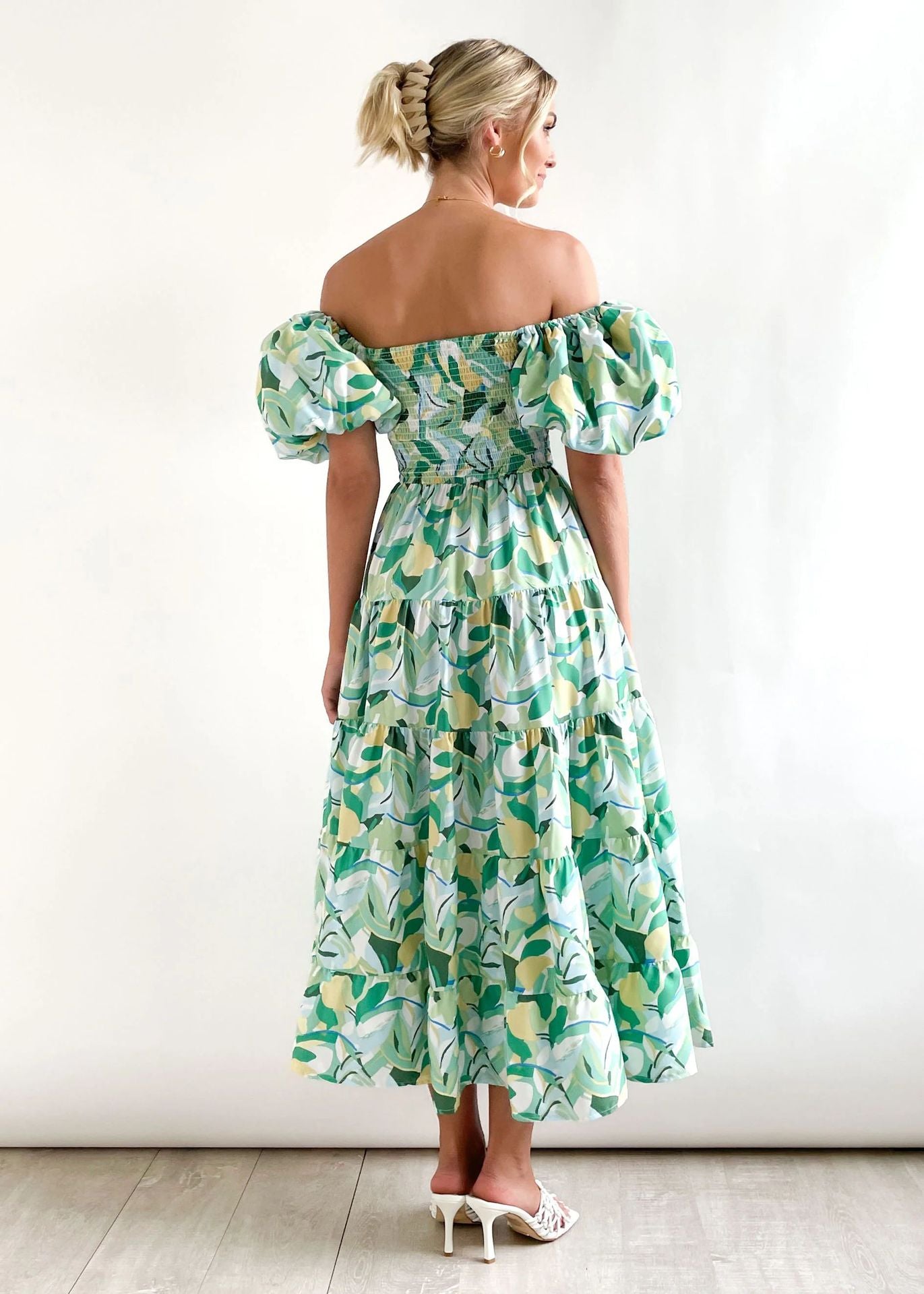 Women Bubble Sleeve Holiday Skinny Long Dress High Waist Shoulder Print Dress
