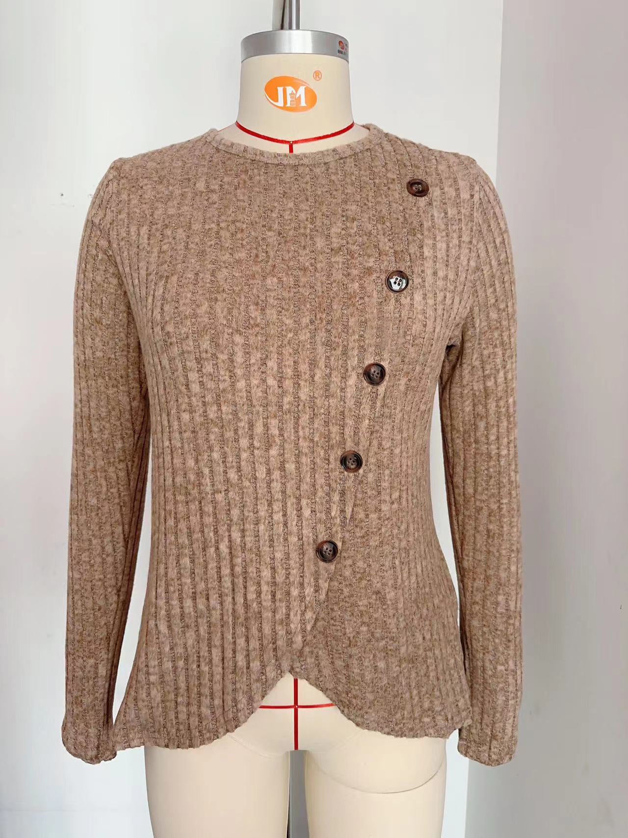 Women's Crew Neck Bottom Solid Color Button T-Shirt