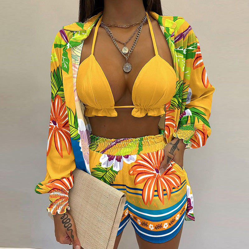 Sexy Beach Vacation Style Printed Shorts Three-piece Set