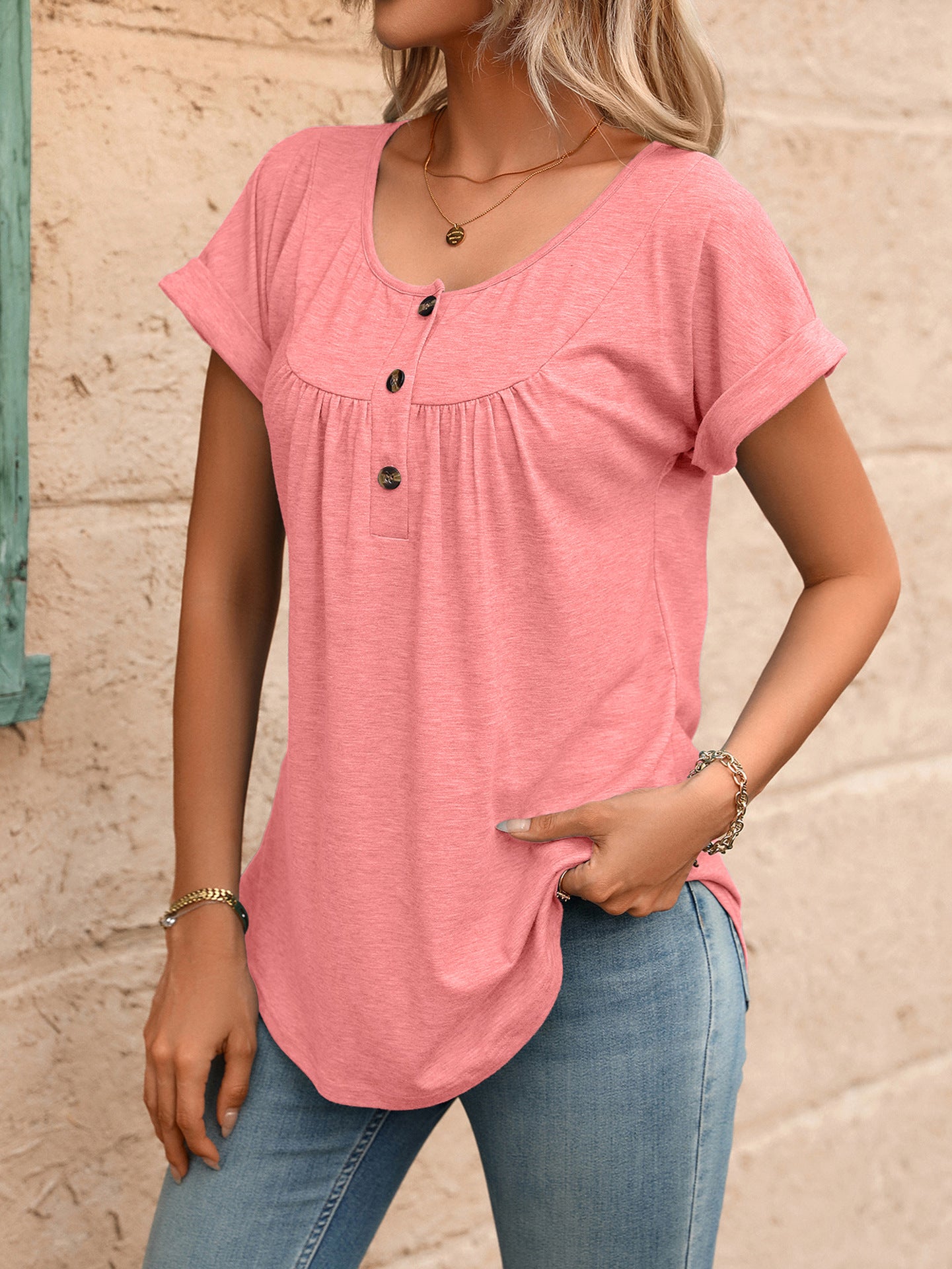 Women Solid Color Crew Neck Button Short Sleeve T-Shirt