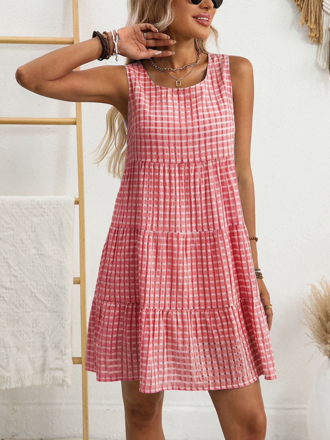 Women's Loose Casual Flowing Sleeveless Plaid Dress