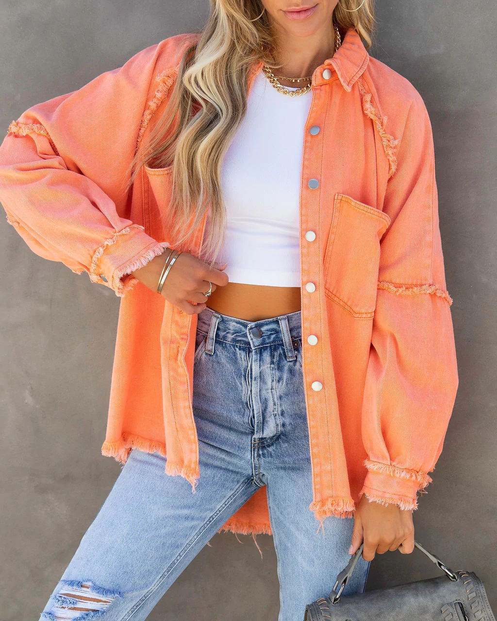 Womens Casual Fringed Ripped Loose Denim Jacket