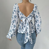 Women Square Collar Bubble Floral Long Sleeve Blouse