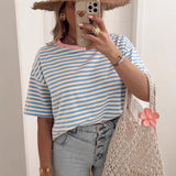 Sky Blue Stripe Contrast Crew Neck Drop Shoulder Loose Tee