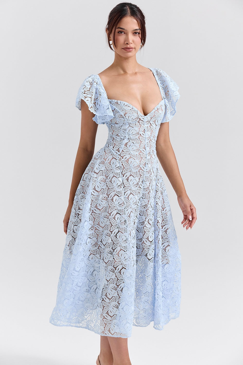 Women Lace High Waist Skinny V-Neck Sexy Short Sleeve Long Dress