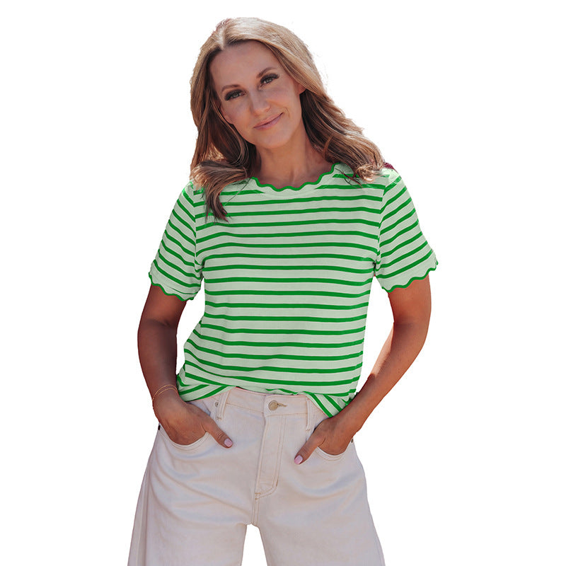 Womens Short Sleeve Top Ruffle Striped T-Shirt