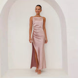 Women Solid Color Sexy Halter Split Medium and Long Sleeveless Dress
