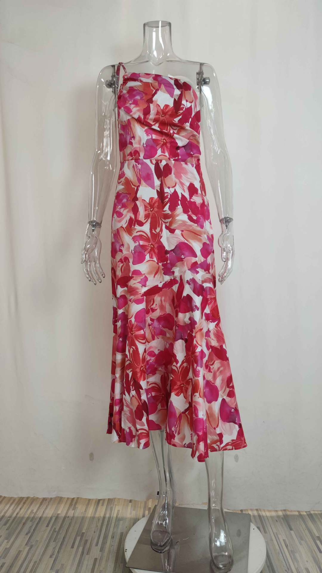 Womens Print Slant Neck Off-the-shoulder Dress