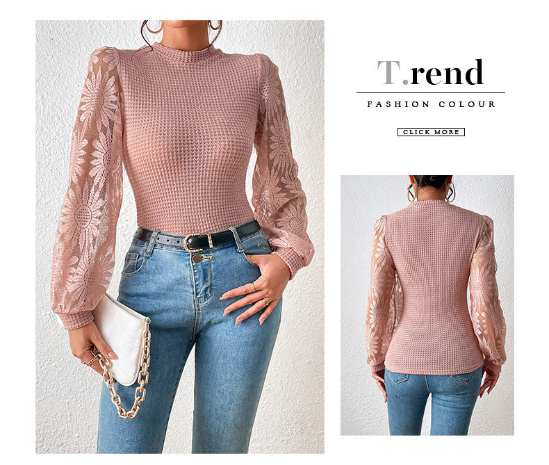 Womens Casual Crochet Top Mesh Lace Long Sleeve Shirts