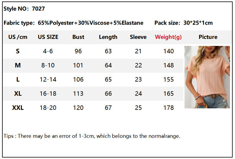 Solid Color Crew Neck Sweet Short-sleeved T-shirt Hollow Top