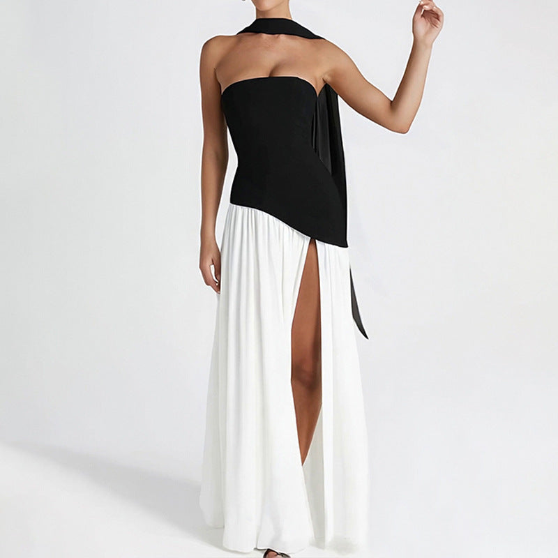 Women's Summer Elegant Slim Fit Solid Color Waist Split Dress
