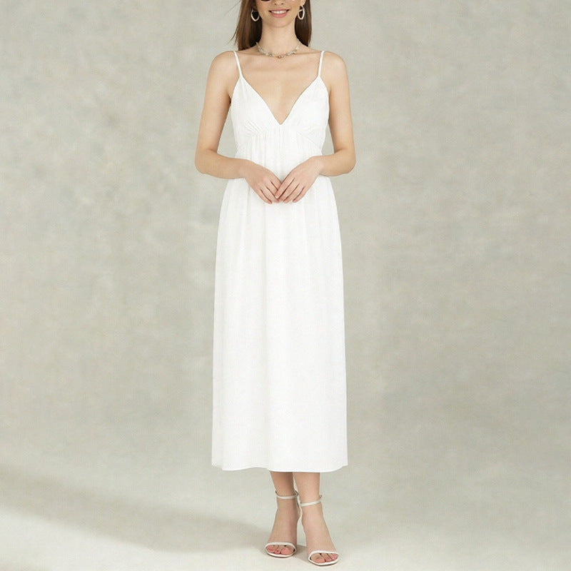 Sexy Backless Sleeveless Solid Color V-neck Dress