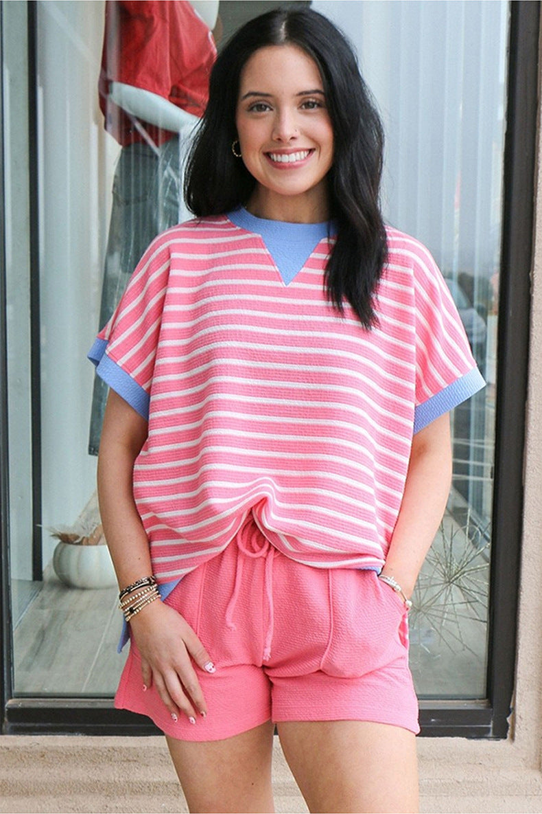 Womens Crew Neck Short Sleeve Pullover Striped T-Shirt