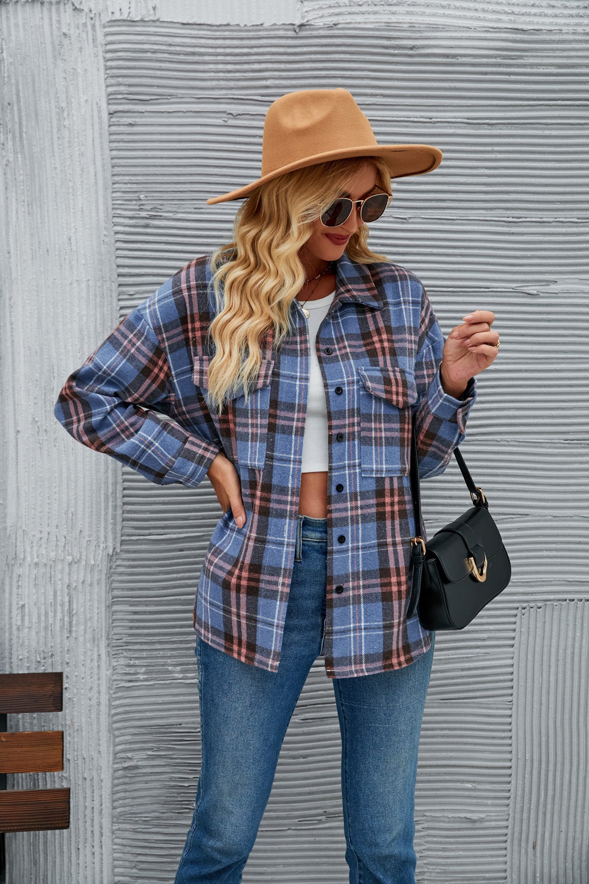 Women Casual Fashion Single-breasted Plaid Loose Wool Jacket